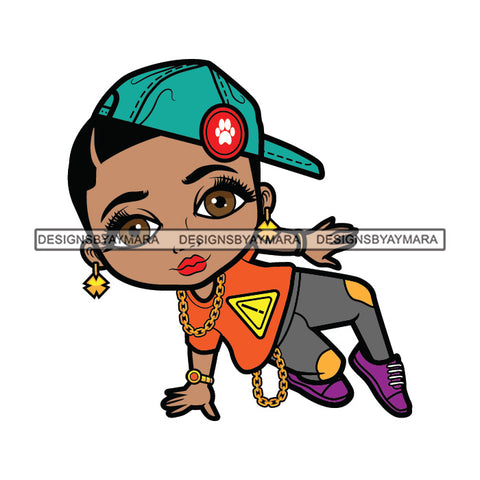 Cute Afro Girl Dancing Hip Hop Dancer Necklace Chain Baseball Cap Sideway Style SVG JPG PNG Vector Clipart Cricut Silhouette Cut Cutting