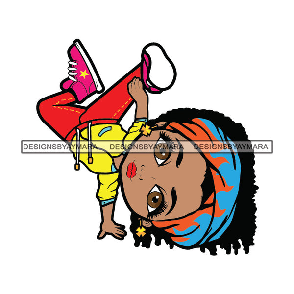 Cute Afro Girl Dancing Hip Hop Dancer Sideway Hand Stand Headband Curly Hairstyle SVG JPG PNG Vector Clipart Cricut Silhouette Cut Cutting