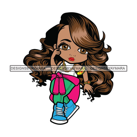 Cute Afro Girl Dancing Hip Hop Wearing Tie Sweater Around Waist Long Wavy Hairstyle SVG JPG PNG Vector Clipart Cricut Silhouette Cut Cutting
