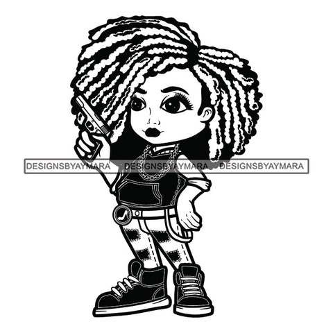 Cute Afro Girl Urban Hipster Girl Tomboy Cowboy Girl Holding Pistols Joggers Sneakers Dreadlocks Hairstyle Swag Fashion B/W SVG JPG PNG Vector Clipart Cricut Silhouette Cut Cutting