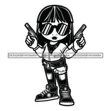 Cute Afro Girl Urban Hipster Girl Tomboy Cowboy Girl Holding Pistols Dark Glasses Investigator Under Cover Joggers Sneakers Dyed Hairstyle Swag Fashion B/W SVG JPG PNG Vector Clipart Cricut Silhouette Cut Cutting