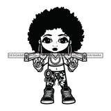 Cute Afro Girl Urban Hipster Girl Tomboy Cowboy Girl Holding Pistols Investigator Under Cover Gold Chain Joggers Sneakers Afro Hairstyle Swag Fashion Stop Crime Cop B/W SVG JPG PNG Vector Clipart Cricut Silhouette Cut Cutting