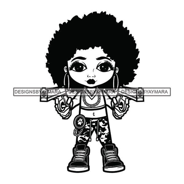 Cute Afro Girl Urban Hipster Girl Tomboy Cowboy Girl Holding Pistols Investigator Under Cover Gold Chain Joggers Sneakers Afro Hairstyle Swag Fashion Stop Crime Cop B/W SVG JPG PNG Vector Clipart Cricut Silhouette Cut Cutting
