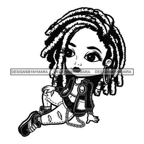 Cute Afro Girl Urban Hipster Girl Sitting Floor Joggers Sneakers Dreadlocks Hairstyle Swag Fashion B/W SVG JPG PNG Vector Clipart Cricut Silhouette Cut Cutting