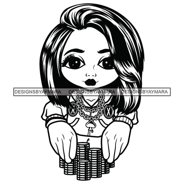 Cute Afro Girl Urban Hipster Gambling Casino Ships Gold Chains Highlights Hairstyle Swag Fashion SVG JPG PNG Vector Clipart Cricut Silhouette Cut Cutting