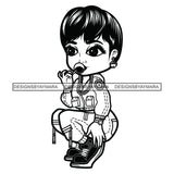 Cute Afro Girl Urban Hipster Squatting Eating Lollipop Joggers Sneakers Dyed Bangs Hairstyle Swag Fashion B/W SVG JPG PNG Vector Clipart Cricut Silhouette Cut Cutting