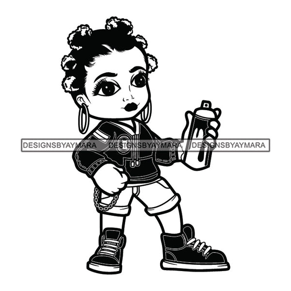 Cute Afro Girl Urban Hipster Spray Paint Can Graffiti Artist Joggers Sneakers Afro Puff Hairstyle Swag Fashion B/W SVG JPG PNG Vector Clipart Cricut Silhouette Cut Cutting