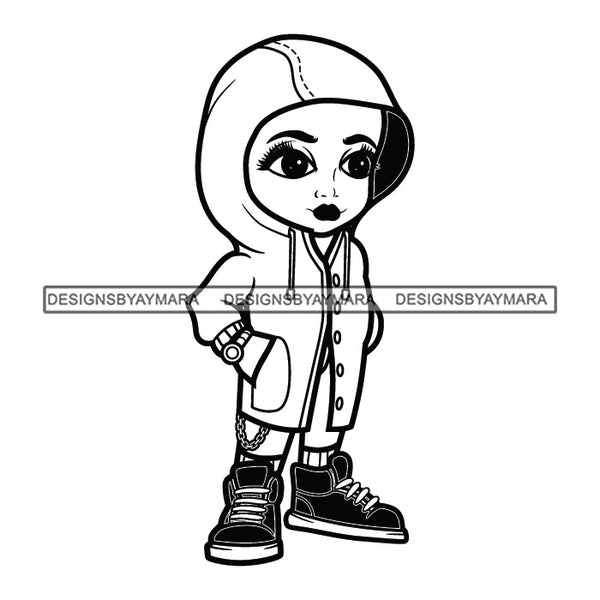 Cute Afro Girl Urban Hipster Hoodie Joggers Sneakers Hairstyle Swag Fashion B/W SVG JPG PNG Vector Clipart Cricut Silhouette Cut Cutting