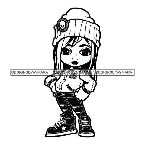 Cute Afro Girl Urban Hipster Winter Cap Girl Joggers Sneakers Dyed Bangs Hairstyle Swag Fashion B/W SVG JPG PNG Vector Clipart Cricut Silhouette Cut Cutting