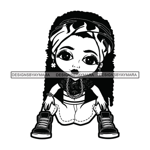 Cute Afro Girl Urban Hipster Sitting Joggers Sneakers Headband Dreadlocks Hairstyle Swag Fashion B/W SVG JPG PNG Vector Clipart Cricut Silhouette Cut Cutting