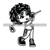 Cute Afro Girl Urban Hipster Playing Golf Joggers Sneakers Dyed Bangs Hairstyle Swag Fashion B/W SVG JPG PNG Vector Clipart Cricut Silhouette Cut Cutting