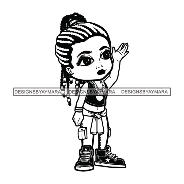 Cute Afro Girl Urban Hipster Girl Hands Up Sweater Joggers Sneakers Dreadlocks Hairstyle Swag Fashion B/W SVG JPG PNG Vector Clipart Cricut Silhouette Cut Cutting