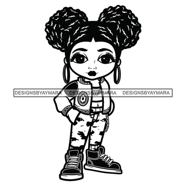 Cute Afro Girl Urban Hipster Girl Camo Joggers Cool Jacket Sneakers Messy Bun Afro Puff Hairstyle Swag Fashion B/W SVG JPG PNG Vector Clipart Cricut Silhouette Cut Cutting