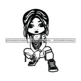 Cute Afro Girl Urban Hipster Girl Squatting Joggers Sneakers Dyed Bangs Hairstyle Swag Fashion B/W SVG JPG PNG Vector Clipart Cricut Silhouette Cut Cutting