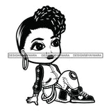 Cute Afro Girl Urban Hipster Girl Sitting Floor Long Sleeve Shirt Joggers Sneakers Afro Puff Hairstyle Swag Fashion B/W SVG JPG PNG Vector Clipart Cricut Silhouette Cut Cutting