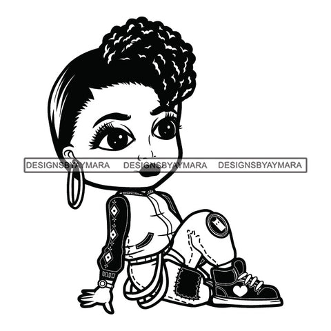 Cute Afro Girl Urban Hipster Girl Sitting Floor Long Sleeve Shirt Joggers Sneakers Afro Puff Hairstyle Swag Fashion B/W SVG JPG PNG Vector Clipart Cricut Silhouette Cut Cutting