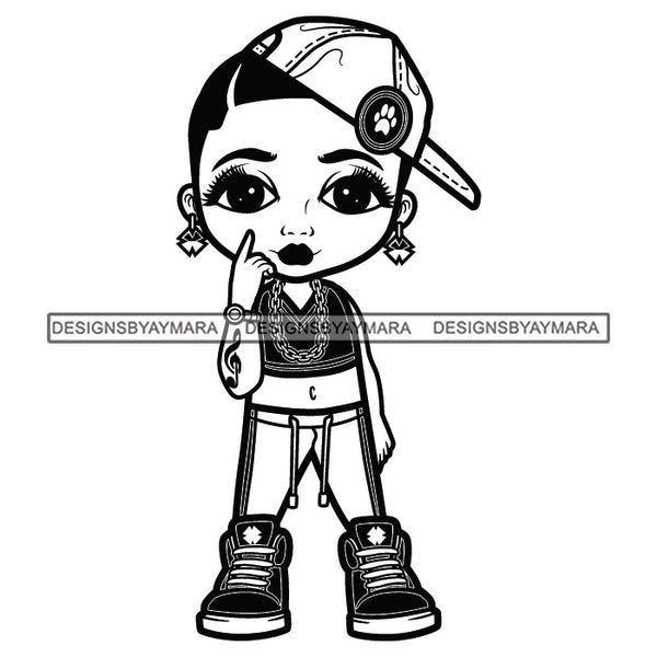 Cute Afro Girl Urban Hipster Girl Tomboy Baseball Hat Gold Chain Joggers Sneakers Dyed Bangs Hairstyle Swag Fashion B/W SVG JPG PNG Vector Clipart Cricut Silhouette Cut Cutting