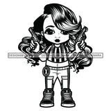 Cute Afro Cowboy Girl Pistols Urban Hipster Girl Joggers Sneakers Long Hairstyle Swag Fashion B/W SVG JPG PNG Vector Clipart Cricut Silhouette Cut Cutting