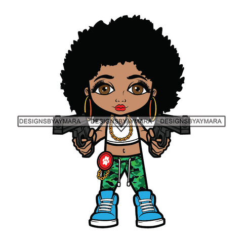 Cute Afro Girl Urban Hipster Girl Tomboy Cowboy Girl Holding Pistols Investigator Under Cover Gold Chain Joggers Sneakers Afro Hairstyle Swag Stop Crime SVG JPG PNG Vector Clipart Cricut Silhouette Cut Cutting