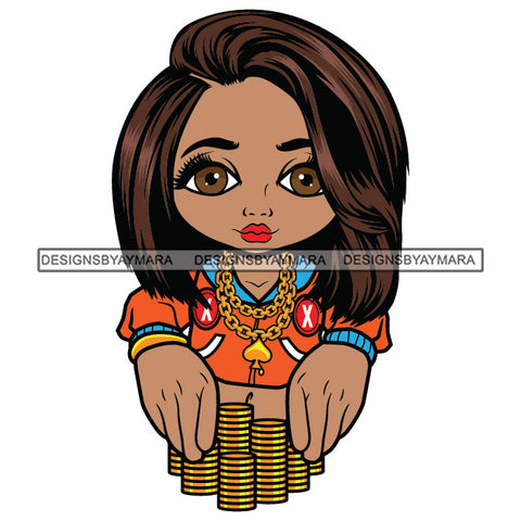 Cute Afro Girl Urban Hipster Gambling Casino Ships Gold Chains Highlights Hairstyle Swag Fashion SVG JPG PNG Vector Clipart Cricut Silhouette Cut Cutting