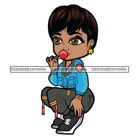 Cute Afro Girl Urban Hipster Squatting Eating Lollipop Joggers Sneakers Dyed Bangs Hairstyle Swag Fashion SVG JPG PNG Vector Clipart Cricut Silhouette Cut Cutting