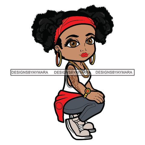 Cute Afro Girl Urban Hipster Squatting Tattoo Headband Gold Watch Joggers Sneakers Afro Puff Ponytails Hairstyle Swag Fashion SVG JPG PNG Vector Clipart Cricut Silhouette Cut Cutting