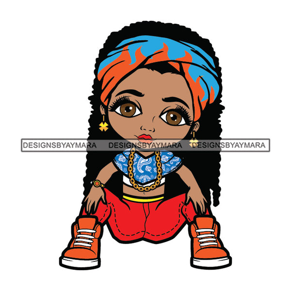 Cute Afro Girl Urban Hipster Sitting Gold Chain Joggers Sneakers Headband Dreadlocks Hairstyle Swag Fashion SVG JPG PNG Vector Clipart Cricut Silhouette Cut Cutting