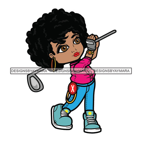 Cute Afro Girl Urban Hipster Playing Golf Joggers Sneakers Dyed Bangs Hairstyle Swag Fashion SVG JPG PNG Vector Clipart Cricut Silhouette Cut Cutting