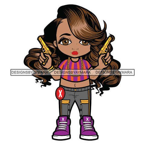 Cute Afro Cowboy Girl Pistols Urban Hipster Girl Joggers Sneakers Long Hairstyle Swag Fashion SVG JPG PNG Vector Clipart Cricut Silhouette Cut Cutting