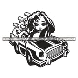 Afro Cute Lola Driving Luxury Car Full Of Cash Trunk Hustler Melanin Woman Money Maker Independent Business Girl Cash Money Dollar Sign Designs For T-Shirt and Other Products SVG PNG JPG Cutting Files For Silhouette Cricut and More!