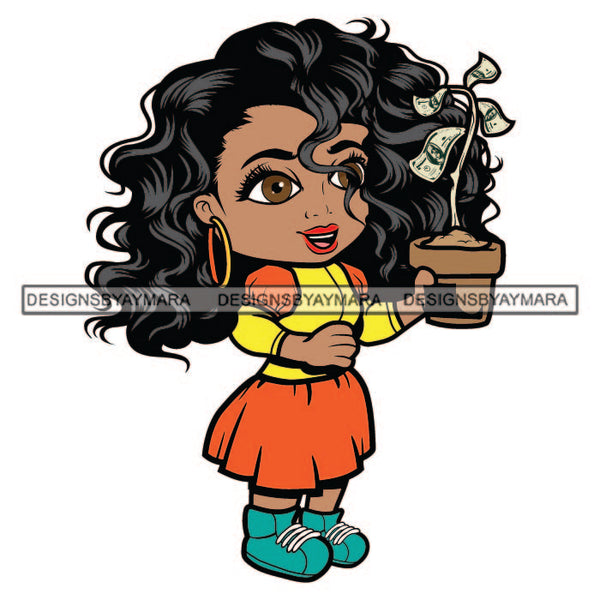 Afro Cute Lola Growing Money Plant Hustler Melanin Woman Money Maker Independent Business Girl Cash Money Dollar Sign Designs For T-Shirt and Other Products SVG PNG JPG Cutting Files For Silhouette Cricut and More!