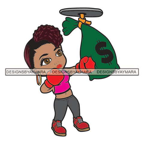 Afro Cute Lola Punching Money Bag Boxing Gloves Hustler Melanin Woman Money Maker Independent Business Girl Cash Money Dollar Sign Designs For T-Shirt and Other Products SVG PNG JPG Cutting Files For Silhouette Cricut and More!