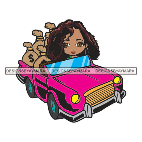 Afro Cute Lola Driving Luxury Car Full Of Cash Trunk Hustler Melanin Woman Money Maker Independent Business Girl Cash Money Dollar Sign Designs For T-Shirt and Other Products SVG PNG JPG Cutting Files For Silhouette Cricut and More!