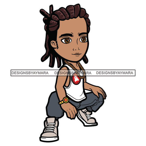 Cute Boy Squatting Dreadlocks Hairstyle Fashionista Swag Sneakers Cool Jogging Pants Hipster Street NY Fashion Flow SVG JPG PNG Vector Clipart Cricut Silhouette Cut Cutting