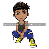 Cute Boy Fashionista Squatting Dreadlocks Hairstyle Swag Sneakers Cool Jogging Pants Hipster Street NY Fashion Flow SVG JPG PNG Vector Clipart Cricut Silhouette Cut Cutting
