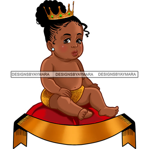 Cute Melanin Baby Princess  Gold Crown Sitting On Red Pillow  JPG PNG  Clipart Cricut Silhouette Cut Cutting