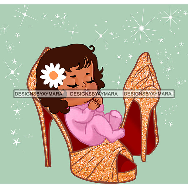 Cute  Baby Girl Sleeping In Gold High Heel Shoes   JPG PNG  Clipart Cricut Silhouette Cut Cutting