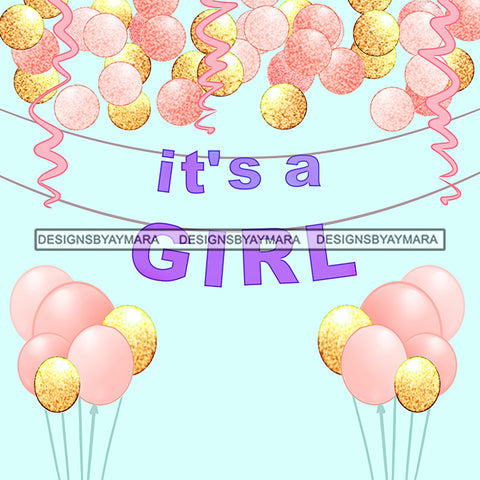 It's A Girl Baby Shower Graphic Balloons Banner JPG PNG  Clipart Cricut Silhouette Cut Cutting