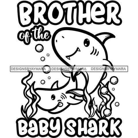 Cute Brother Baby Sharks Together Loving Family Happiness Fish Water Ocean B/W SVG JPG PNG Vector Clipart Cricut Silhouette Cut Cutting