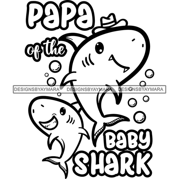 Cute Papa Baby Sharks Together Loving Family Happiness Fish Water Ocean B/W SVG JPG PNG Vector Clipart Cricut Silhouette Cut Cutting