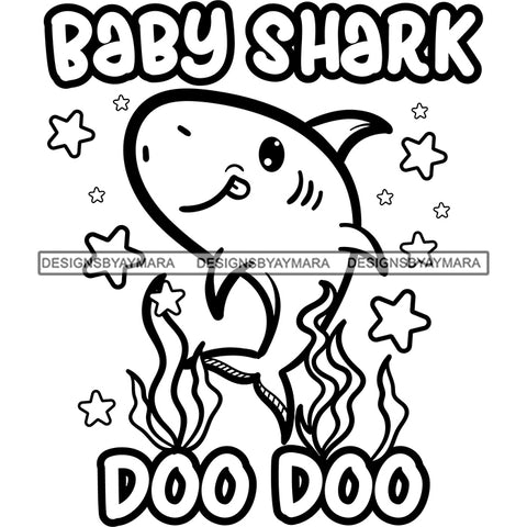 Cute Baby Shark Loving Family Celebration Happiness Fish Water Ocean B/W SVG JPG PNG Vector Clipart Cricut Silhouette Cut Cutting