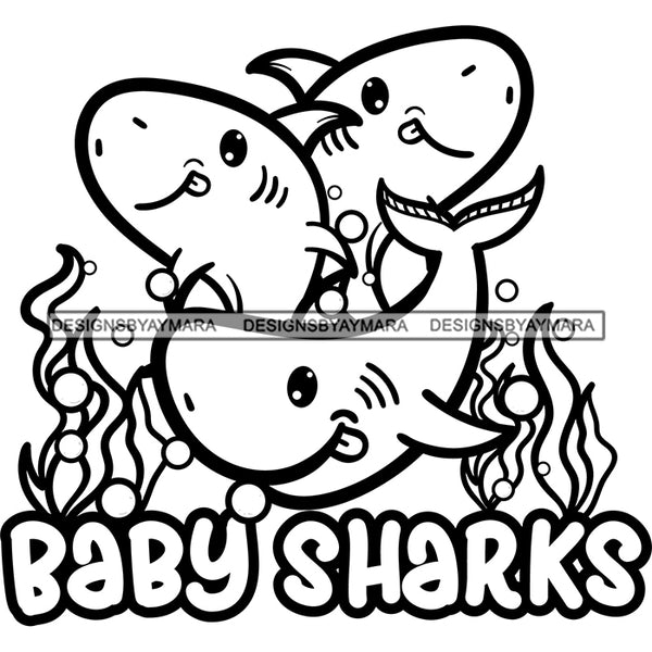 Cute Baby Sharks Loving Family Celebration Happiness Fish Water Ocean B/W SVG JPG PNG Vector Clipart Cricut Silhouette Cut Cutting