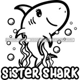 Cute Sister Shark Loving Family Celebration Happiness Fish Water Ocean B/W SVG JPG PNG Vector Clipart Cricut Silhouette Cut Cutting