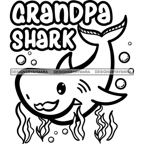 Cute Grandpa Shark Mustache Lovely Family Happiness Fish Water Ocean B/W SVG JPG PNG Vector Clipart Cricut Silhouette Cut Cutting