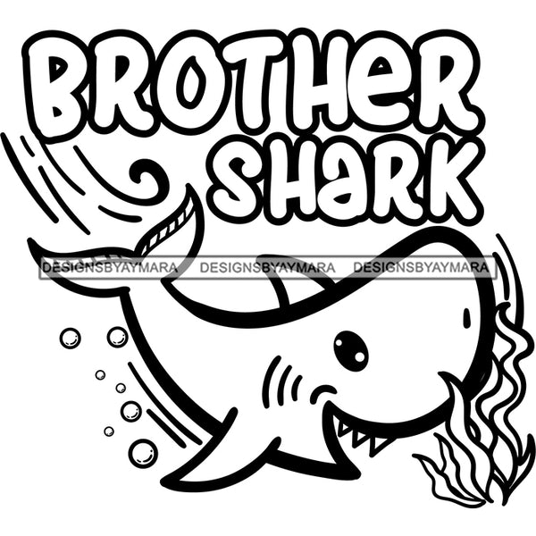 Cute Brother Shark Family Parenthood Happiness Fish Water Ocean B/W SVG JPG PNG Vector Clipart Cricut Silhouette Cut Cutting