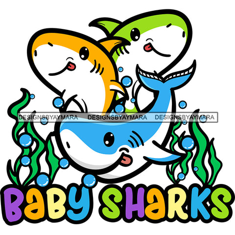 Cute Baby Sharks Loving Family Celebration Happiness Fish Water Ocean SVG JPG PNG Vector Clipart Cricut Silhouette Cut Cutting