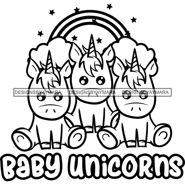 Cute Baby Unicorns Rainbow Family Celebration Parenthood Fantasy Fairytale B/W SVG JPG PNG Vector Clipart Cricut Silhouette Cut Cutting