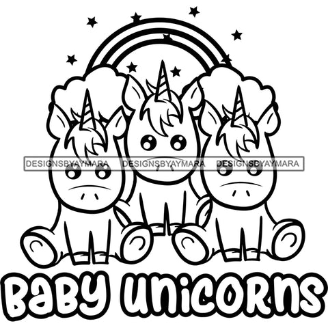 Cute Baby Unicorns Rainbow Family Celebration Parenthood Fantasy Fairytale B/W SVG JPG PNG Vector Clipart Cricut Silhouette Cut Cutting