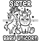 Cute Sister Baby Unicorns Together Lovely Family Celebration Fantasy Fairytale B/W SVG JPG PNG Vector Clipart Cricut Silhouette Cut Cutting