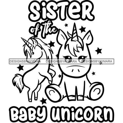 Cute Sister Baby Unicorns Together Lovely Family Celebration Fantasy Fairytale B/W SVG JPG PNG Vector Clipart Cricut Silhouette Cut Cutting